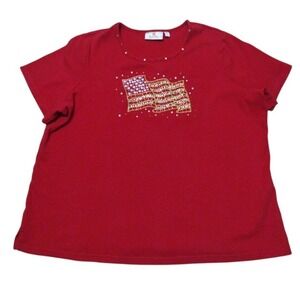Quacker Factory T-Shirt Women‎ 1X Red Short Sleeve Rhinestone Flag Festive